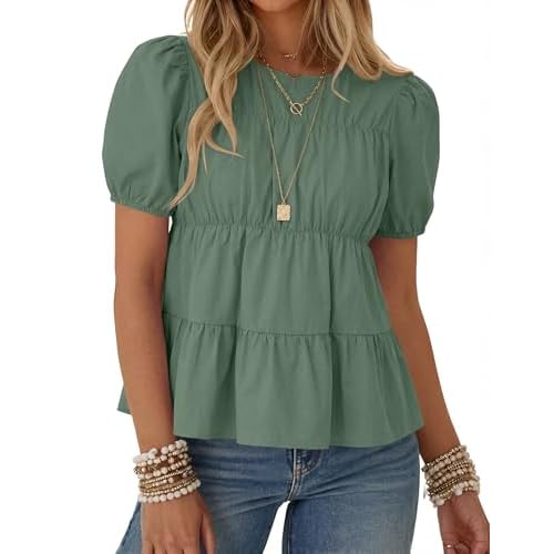 Rapbin Womens Puff Short Sleeve Babydoll Tops Summer Peplum Pleated Cotton T Shirts Casual Loose Fit Flowy Blouses