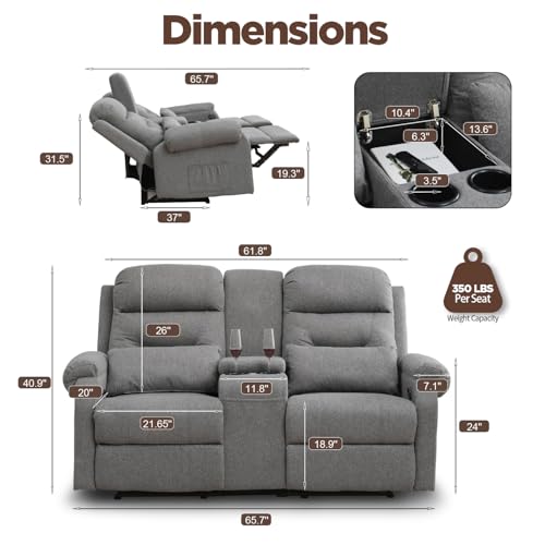 Image of RV Loveseat Recliner with Console, Reclining Loveseat Sofa, Manual Home Theater Seating with Pockets /Cup Holders for Living Room /RV Furniture (Linen Ash)