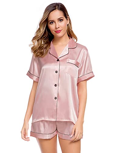 Image of LecGee Womens Silk Satin Pajamas Short Sleeve Loungewear Two-Piece Sleepwear Button-Down Pj Set