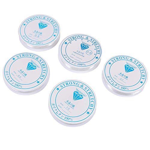 CABAX 5 Pack Assorted Size Elastic String, Stretchy Bracelet String Crystal String Bead Cord for Bracelet, Beading and Jewelry Making-0.5mm, 0.6mm, 0.7mm, 0.8mm, 1mm