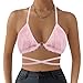 Vimoisa Women Sexy Lace-up Triangle Deep V Bikini Bra Top Vest Downy Halter Backless Crop Top Clubwear Pink