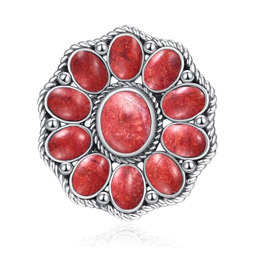 Turquoise Ring for Women 925 Sterling Silver Vintage Boho Flower Ring Bohemian Statement Rings Turquoise/Coral/Oyster Shell Western Style Engagement Wedding Band Size 6-92