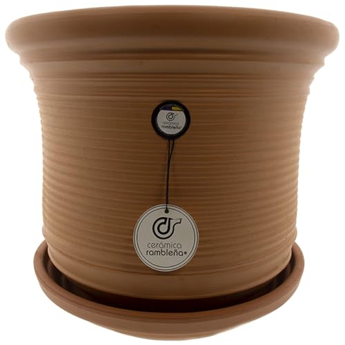 CERÁMICA RAMBLEÑA | Maceta Grande | Maceta Original | Maceta Exterior | Maceta Suelo Campana Baja Terracota-Rayada - Modelo J51 | Plato Incluido | 33x33x30 cm