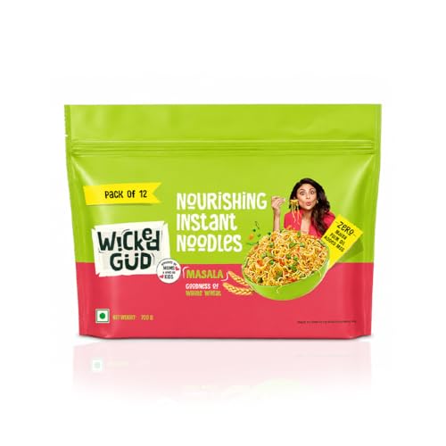 Image of Wickedgud Whole Wheat Masala Noodles Jumbo Pack, No Maida, No Palm Oil, No MSG | 720 g (Pack of 12, 60 g each)