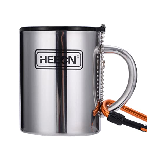HEECN® Caneca de campismo em aço inoxidável com tampa e mosquetão, canecas de café, copo térmico de café - parede dupla HESS-038 (400 ml com tampa selada)