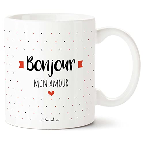Manahia Mug Amour - Bonjour Mon Amour - Avec Boite Kraft - 330 mL Céramique - Imprimé en France - Saint Valentin - Cadeau Couple - Tasse Je t'aime - Mug Noël
