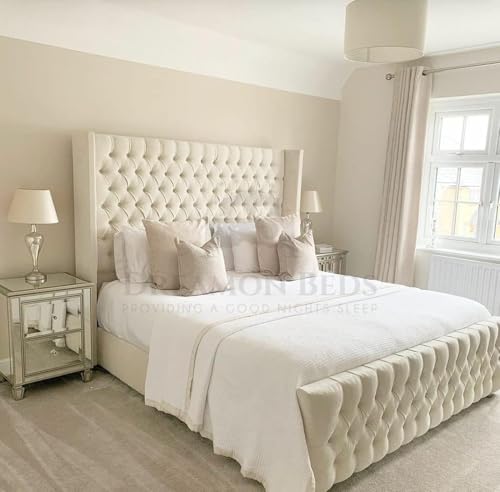 Wingback Bed Frame Double King Size Super King (Cream Plush, 6ft Super King With Mattress)