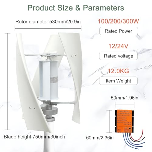 Kit De Turbina Eólica De Eje Vertical De 100 W Y 12 V/24 V con Controlador Y Aspas, Generador Trifásico con Rueda Auxiliar para Uso Doméstico, Casas Móviles, Cenadores Y Aplicaciones Marinas