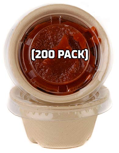 [200 Pack] 2 Oz Compostable Condiment Souffle Bagasse Cups with Lids - Portion Cup with Lid Sugarcane, Biodegradable Perfect for Sauces, Samples, Condiments, Slime, Jello Shot, Food Storage