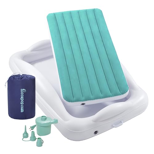 hiccapop Inflatable Toddler Travel Bed with Safety Bumpers [4-Sided] | Portable Toddler Bed for Kids | Toddler Air Mattress | Kids Air Mattress – Teal Blue