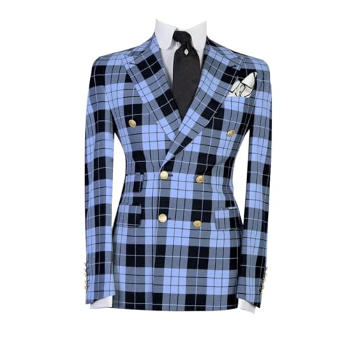 Mens Double-Breasted Plaid Blazer Checkered Leisure Prom Tuxedo Grooms 2 Pieces Slim Fit Suits Set
