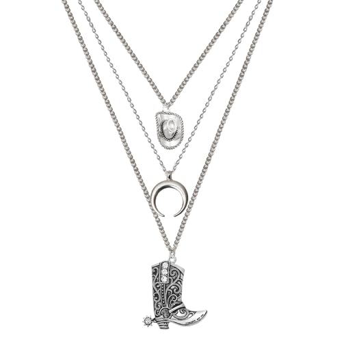 RechicGu Layered Boho Western Cowgirl Necklace For Women Bull Head Moon Crescent Cowboy Boot Charm Pendant Western Necklace Jewelry For Country Concert Outfits