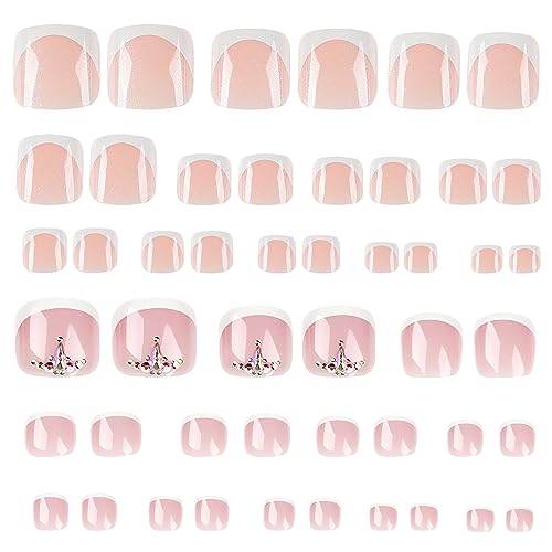 MWOOT 48 Piezas (2 Paquetes) Puntas de Uñas Postizas, Diamantes de Imitación de Cobertura Completa, Pegamento Acrílico Francés en las Uñas de los Pies con Kit de Manicura