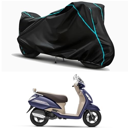 Image of Waterproof Bike Body Cover Compatible for | TVS Jupiter Classic | Taffeta Fabric, Sky Piping Design, Bottom Elastic Fit | Dustproof, Sun UV & Rain Protection for All Weather.