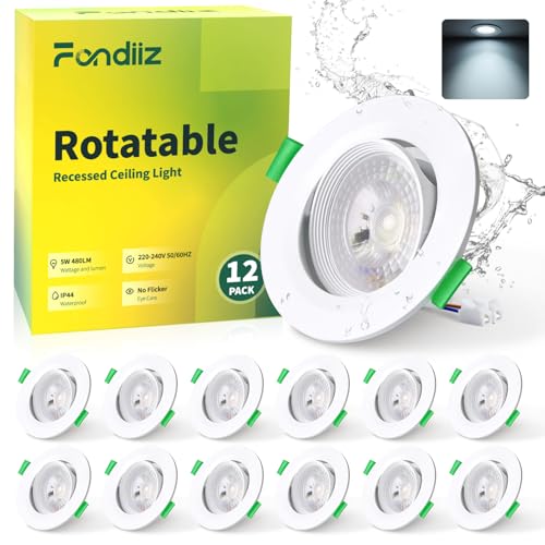 Fondiiz 5W Faretti LED da Incasso per Cartongesso Orientabili, Faretto LED Incasso Ultrasottili 480LM Luce Fredda 6000K, IP44 Luci da Soffitto Interno per Bagno, Diametro Foro Ø70-80mm, Set di 12