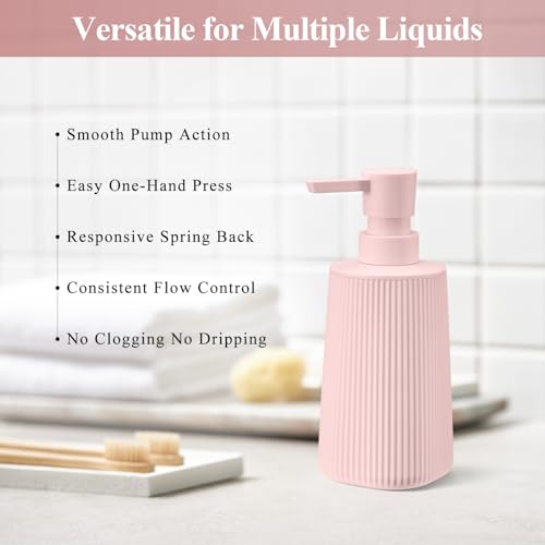 Image of Pink 2 Pack Hand Soap Dispensers Set with No Rust Pump for Bathroom Kitchen or Vanity Countertops Refillable Striped Matte Plastic 8.5 oz Cute Design for Girls Room Decor