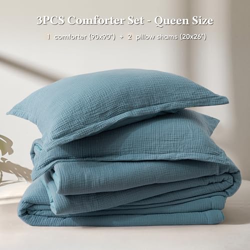 Image of David's Home Cotton Muslin Comforter Set Queen Size, 100% Cotton Cover Ultra-Soft Breathable Skin-Friendly for Spring Summer, 3PCS Linen Like Gauze Bedding with Polyester Filling, Prussian Blue