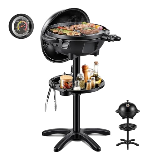 FOHERE 2400W Barbecue Électrique 2 in 1: Grill sur Pied & de Table, Température Réglable 0-300°C, 2 Zones Plaque Antiadhésive Ø41cm, Étagère à...