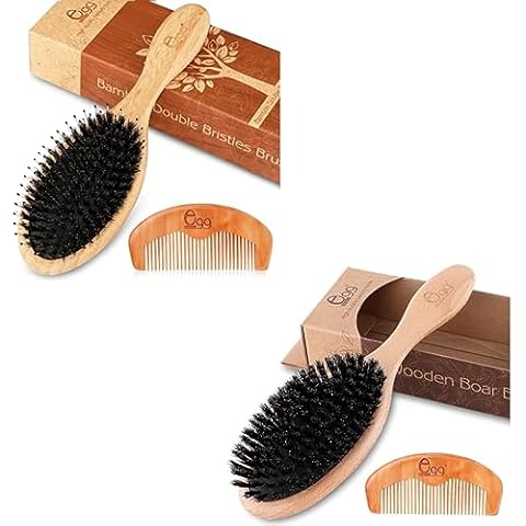 BLACK EGG Boar Bristle Hair Brush for Women Men Kid, Soft Natural Bristles Brush for Thin and Fine Hair, Restore Shine and Texture, Set includes Bamboo comb and 3 hair ties Cover