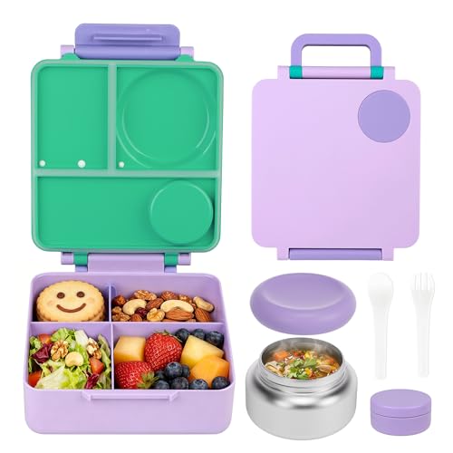 FOOYOO Bento Lunch Box Set for Kids & Adults, Leakproof 4-Compartment Container with Insulated Stainless Steel Food Jar, Utensils, BPA-Free, Microwave & Dishwasher Safe for School Work Travel(Purple)