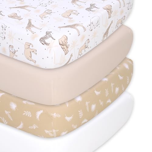 Image of The Peanutshell 4-Pack Organic Fitted Crib Sheet Set - Soft & Breathable Baby Girl or Boy Crib Sheets, 100% Jersey Cotton Nursery Decor, Fit for Standard Crib Mattress Sheet - Caramel Safari