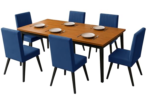 Image of Rosebell 6 Seater Dining Table Set with Cushioned Chairs | Modern Dining Table for Home, Dining Room & Kitchen | Black Metal Legs | Blue