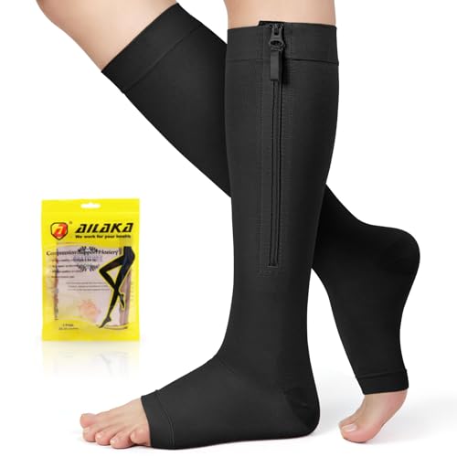 Ailaka Zipper 20-30 mmHg Compression Socks for Women & Men, Knee High Open Toe