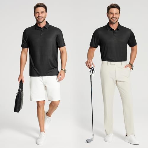 Image of Golf Shirts for Men - Dry Fit Moisture Wicking Short Sleeve Performance Sport Casual Striped Collared Mens Polo Shirt