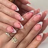 24 uñas artificiales blancas con puntos rojos y lazos, diseño de punta francesa, para mujer, elegante, con diseño de lazos