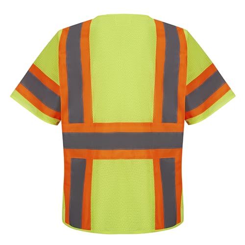 SV5300, ANSI/ISEA Class 3, High Vis Mesh Safety Vest, 3M Reflective w/Orange binding, 7 Pockets, Neon Green2