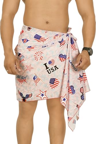 LA LEELA Men's Patriotic 4th of July USA Flag Swimwear Summer Sarong Swim Trunk Pareo Beach Wrap