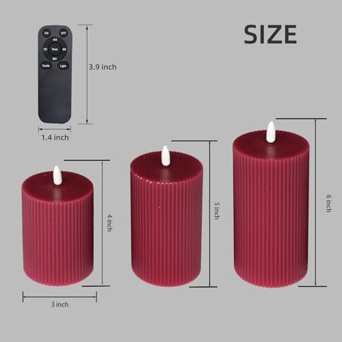 Image of 3 Pack Wax LED Flameless Candles with Remote Real Wax Battery Operated Electric Pillar Candle Set with Vertical Stripes 3D Black Wick for Home Party Wedding Decorations, Burgundy, D 3 x H 4 /5 /6 inch