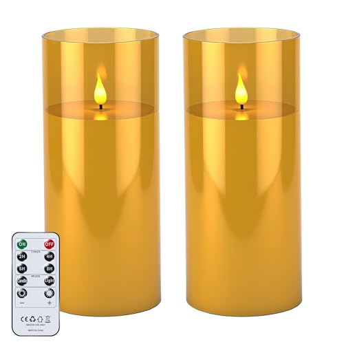 YAOBLUESEA 2 Stück Wasserdichte Flammenlose LED Kerzen mit Fernbedienung und Timer, Große Flackernde LED-Kerzen für Patio Garten Außenbreich für Halloween Weihnachten, φ10cm x 22.5cm, Gold