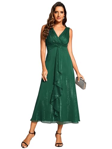 Ever-Pretty Vestido de Invitada Boda Mujer Sin Mangas Cuello en V Dobladillo con Volantes Verde Oscuro 42