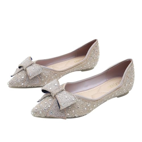 HIPPOSEUS Women's Glitter Ballet Flats Pointed Toe Flats Shoes Bowknot Wedding Dress Shoes2