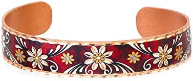 FRONT LINE JEWELRY Artisan Copper Daisy Bracelets with Red Background Open-Ended Red Flower Cuff Valentines Bracelets, Valentines Day Gifts