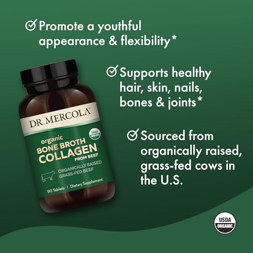 Image of Dr. Mercola Organic Bone Broth Collagen - Organically Raised Grass-Fed Beef - Dietary Supplement - Supports Bone and Joint Comfort - USDA Organic, Non-GMO - 30 Servings (90 Tablets)