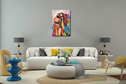 Kalawa Indian Girl Warrior Feathered Women Chief Wall Art Picrure Fighting Buffalo Print Poster Native American Canvas Oil Painting Print For Bedroom Home Decor Framed Ready To Hang #TOP5