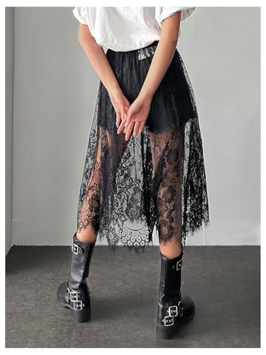 Women's Floral Lace Sheer Skirt High Waisted A Line Midi Skirts Beach Cover-ups Mesh Streetwear Y2K Skirts2