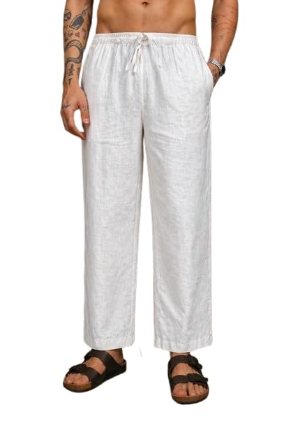 Men’s White Linen Loose Fit Pajama Pants – Breathable Lightweight Cotton Linen Lounge Bottoms with Elastic Waist & Drawstring for Sleepwear, Loungewear & Casual Home Wear-image-2