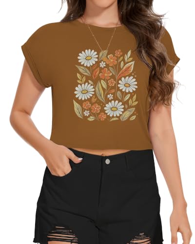 Image of Womens Crop Tops Summer Roll Cap Sleeve Cropped Tshirt Loose Fit Basic Tees