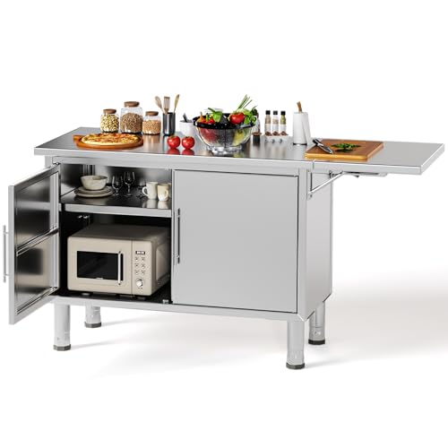 JFHID Stainless Steel Work Table, 57'x19.7' Commercial Worktable Kitchen Cabinets with Extend Panel & Adjustable Shelf, Heavy-Duty Kitchen Prep Table Workbench for Home, Restaurant, Garage and Hotel