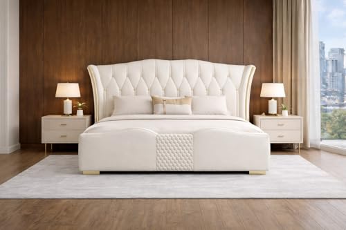 Image of Woodesty Upholstered Queen Size Bed with Box Storage for Bedroom | Elegant Wooden Double Bed with MDF Ply with Storage | Platform Cot Palang with Tufted Headboard | 6.5 x 5 Ft | Sheesham Wood | White