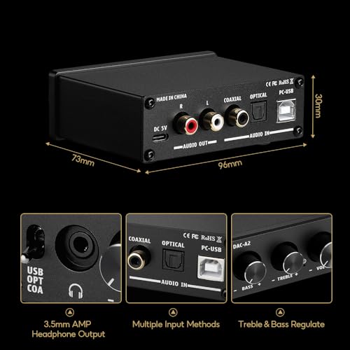 AIYIMA DAC-A2 Amplificateur d'écouteur DAC avec les commandes de Treble Basse PC-USB/Optical/Coaxial Entrées, RCA/3.5mm casque Ouput numérique à Analog Desktop Audio Converter 5V 24Bit 192kHz