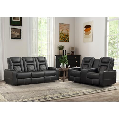 CANMOV Electric Power Recliner Sofa Set,PU Leather Home Theater Seating Seats for Living Room,Power Theater Recliner Loveseat and Reclining Sofa with Cup Holders,USB Ports and Hidden Arm Storage,Black