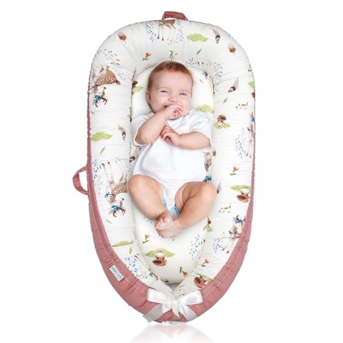 Image of Baby Lounger for Newborn Cover - Newborn Lounger for 0-12 Months, Breathable & Portable Infant Lounger - Adjustable Cotton Soft Baby Floor Seat for Travel, Newborn Essentials - Pink Deer