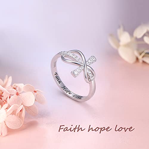 Inspirational Jewelry 925 Sterling Silver Engraved Faith Hope Love Cubic Zirconia Cross Infinity Ring, Size 5-103