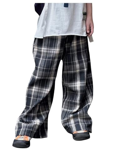 OYOANGLE Boy's Elastic Waist Plaid Pants Elastic Waist Casual Straight Leg Trousers
