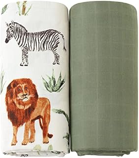 LifeTree Baby Muslin Cloths - Soft Baby Muslin Swaddle Blankets for Boys & Girls - Bamboo Cotton Large Muslin Cloths for Baby 120x120 cm, Safari / Olive Green