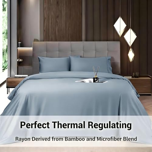 Image of Shilucheng 4 Piece King Sheet Sets, Cooling Sheets, Blend Rayon Derived from Bamboo, Deep Pocket Up to 16 inch, Breathable & Soft Bed Sheets, Hotel Silky Bedding Set, French Blue